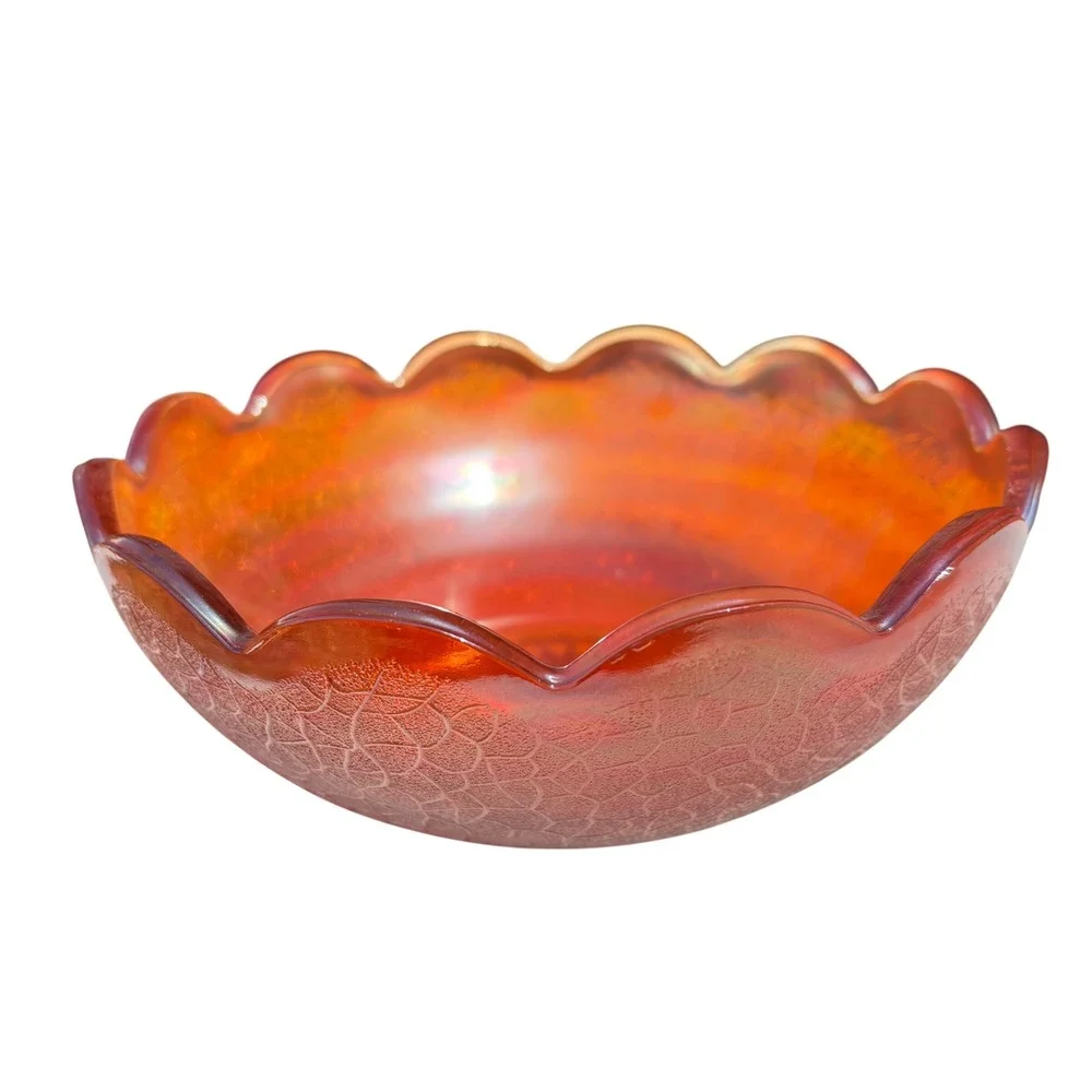 Jeannette Glass Carnival Bowl Marigold Crackle Scalloped Edge Vintage 7‎ inch